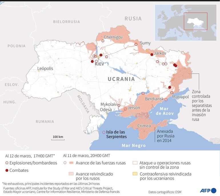 Mapa con los principales lugares donde se produjeron explosiones, bombardeos y combates entre el ejército ucraniano y ruso y las zonas bajo control ruso, al 12 de marzo a las 17H00 GMT - AFP / AFP