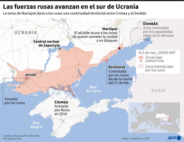 Mapa del sudeste de Ucrania localizando las ciudad de Jersón, Berdiansk y Mariúpol, la central nuclear de Zapiriyia y las zonas controladas por los rusos al 2 de marzo a las 20H00 GMT - AFP / AFP