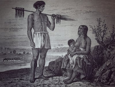 Una familia Payaguá, dibujo del célebre pintor francés Henri Rousseau, que ilustra los Fragmentos de un Viaje al Paraguay de Alfred Demersay publicado en Le Tour du Monde en 1865