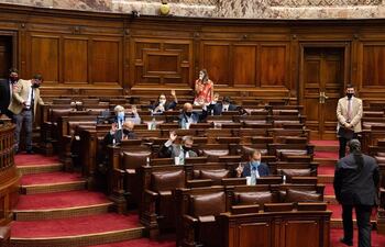 Fotografía cedida por la oficina de Prensa del Parlamento del Uruguay que muestra a senadores durante una sesión en Montevideo (Uruguay).