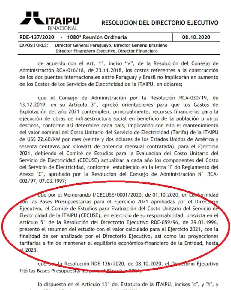 Parte de la Resolución de Directorio Ejecutivo (RDE-137/2020), del 8 de octubre de 2020.