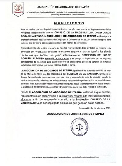 Manifiesto de la Asociación de Abogados de Itapúa (AAI) en la que exigen la renuncia de Jorge Bogarín al Consejo de la Magistratura, y califican de "fría y dubitativa" la posición de este organismo.