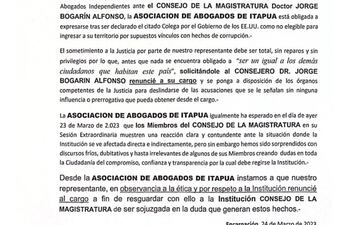 Manifiesto de la Asociación de Abogados de Itapúa (AAI) en la que exigen la renuncia de Jorge Bogarín al Consejo de la Magistratura, y califican de "fría y dubitativa" la posición de este organismo.