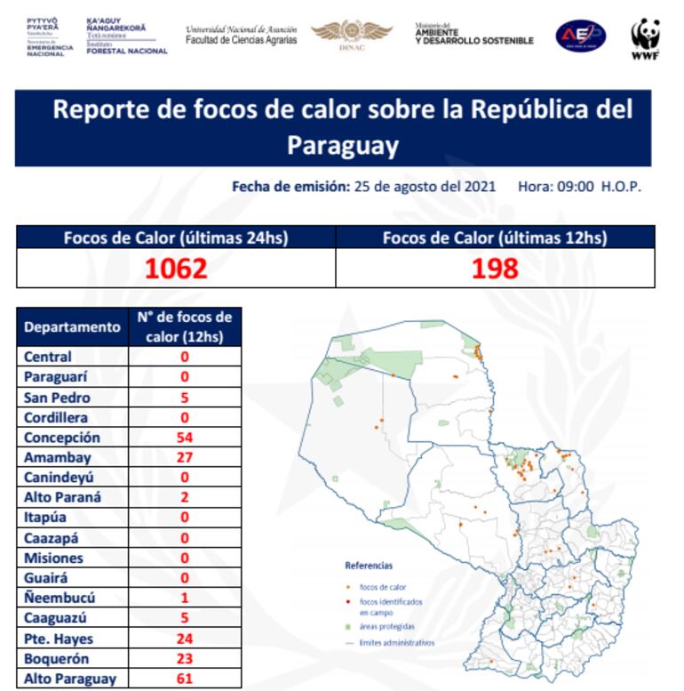 Focos de calor en las últimas 24 y 12 horas en Paraguay.