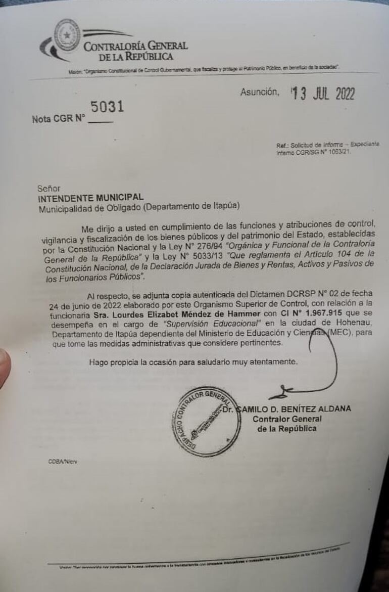Nota del contralor general, Camilo Benítez Aldana, al intendente de Obligado, Gil Amarilla (ANR HC).