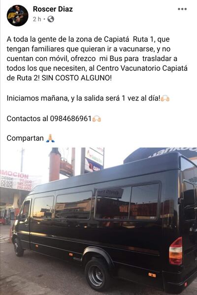 Roscer Díaz ofrece su bus a gente de la ciudad que tengan familiares que quieran vacunarse y no tengan móvil, para trasladarlos al Centro Vacunatorio de Capiatá Ruta 2, sin costo. Contactos al 0984 686-961.