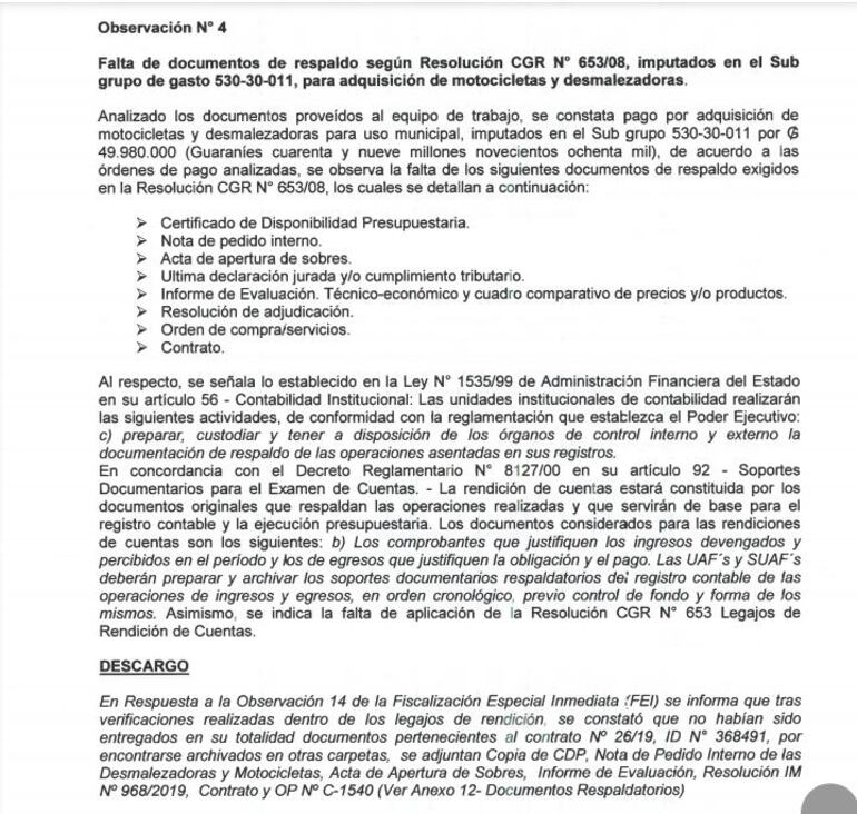 Control de la contraloría a la administración de la Municipalidad de Areguá