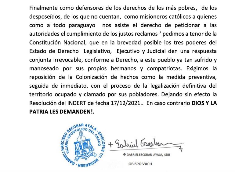 El comunicado firmado por Gabriel Escobar, apoyando las invasiones de tierra.