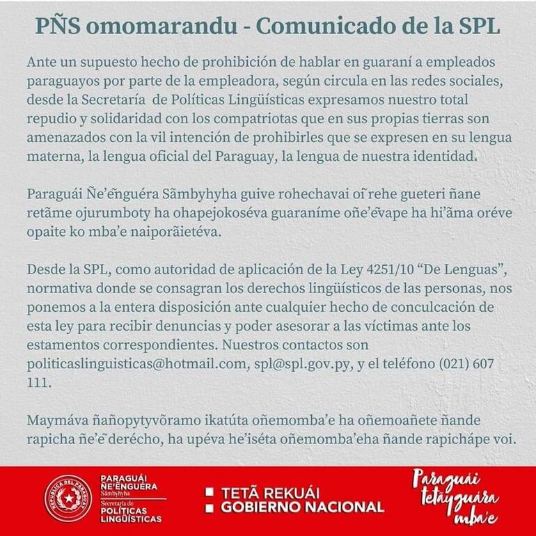 Comunicado de SPL repudiando a brasileña.