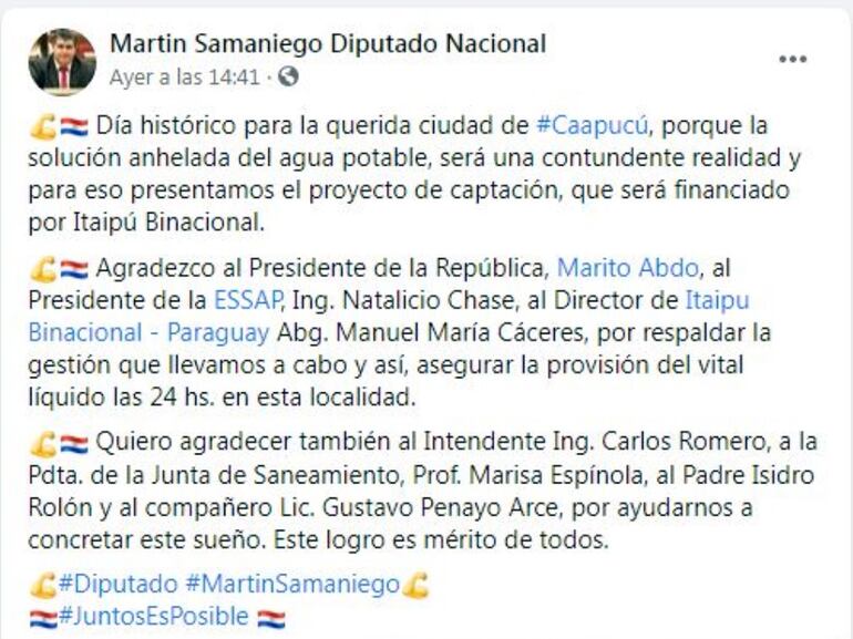 Publicación del diputado Martín Esteban Samaniego en su perfil de la red social Facebook.