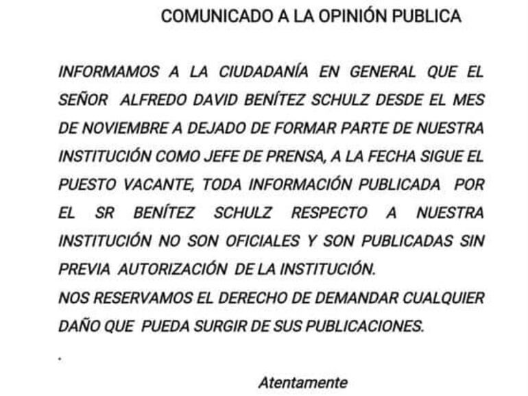 El comunicado de Guaraní de Trinidad sobre la salida de David Benítez.