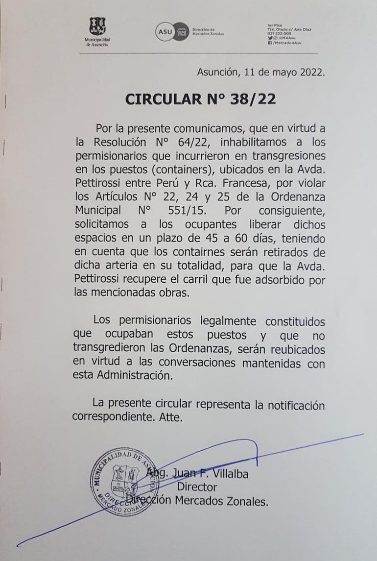 Circular emitida por el Mercado 4.