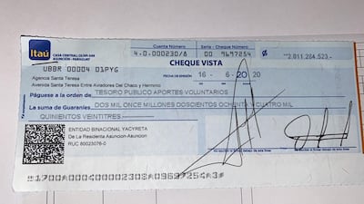 El último cheque de Yacyretá con los aportes voluntarios de los empleados de la entidad. El depósito se hizo el 16 de junio pasado.