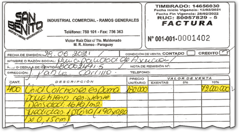 Comprobante de la empresa San Benito ICSA por la compra de colchones de una plaza.