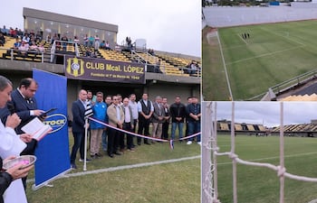 Composición gráfica en la que se aprecia el acto religioso durante la inauguración, además de las tribunas del estadio La Catedral del club Mariscal López de Santaní.