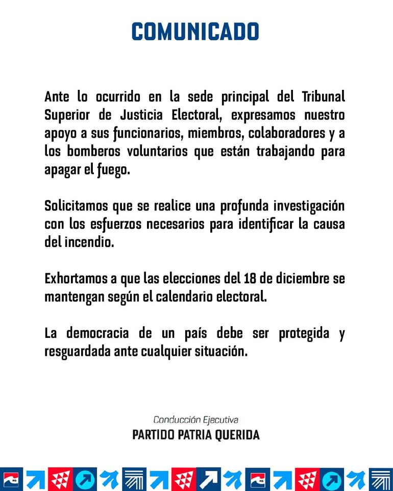 Comunicado del Partido Patria Querida sobre incendio del TSJE e intención de desdoblar las elecciones
