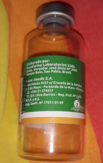 Frasco de la piperacilina entregada por Imedic al IPS. El medicamento será incinerado luego de que Dinavisa detectara desvío de calidad.