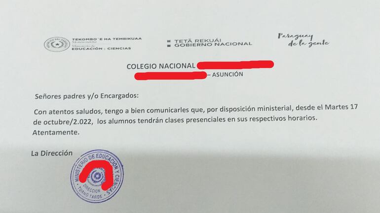 Comunicado de la escuela donde ocurrió el caso de abuso sexual sobre reanudación de actividades que establece la modalidad presencial en el turno tarde