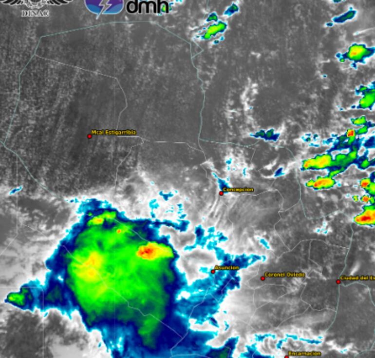 Mapa satelital de Meteorología sobre la posibilidad de tormentas en Presidente Hayes.