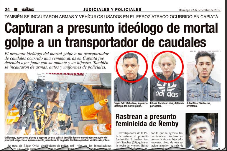Publicación de ABC Color del 22 de setiembre de 2019, sobre la detención de Edgar Ortiz Caballero y Lilian Carolina Leiva por el asesinato de un guardia en un asalto contra un blindado.