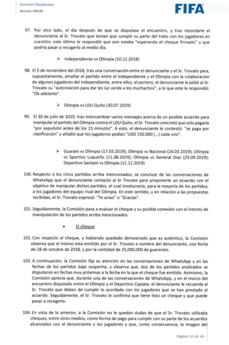 Los mensajes de WhatsApp que la FIFA utilizó como prueba para determinar que Marco Trovato "conspiró" para manipular partidos.
