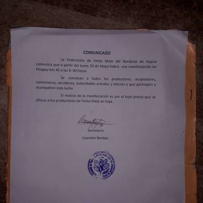 Comunicado de la Federación de productores de hoja de yerba del nordeste de Itapúa, que lleva la firma del secretario de la organización, Lisandro Benítez, en la que convocan a movilización para mañana, lunes, en Pirapey Km. 45.