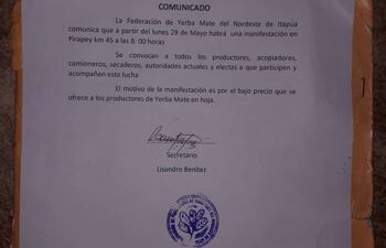 Comunicado de la Federación de productores de hoja de yerba del nordeste de Itapúa, que lleva la firma del secretario de la organización, Lisandro Benítez, en la que convocan a movilización para mañana, lunes, en Pirapey Km. 45.