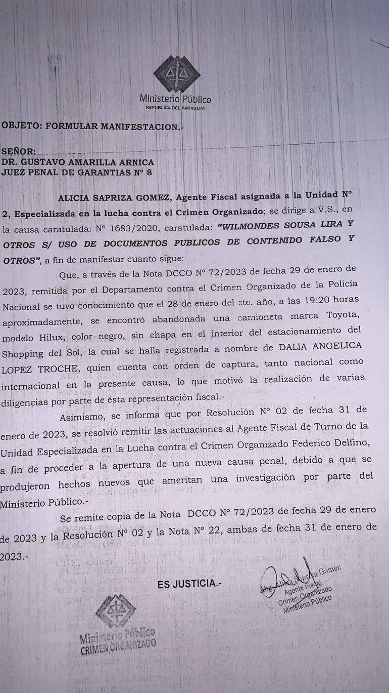 La Fiscalía abrió una investigación de frustración de la persecución penal, ante la presunción de que Dalia López habría estado en la camioneta estacionada en el Shopping del Sol.