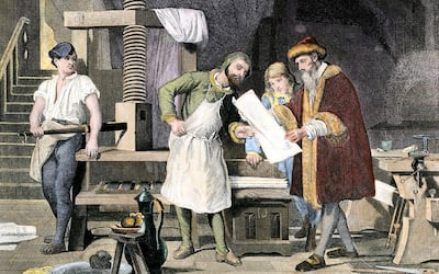 Johann Gutenberg en su imprenta de Mainz en 1450. Ilustración del siglo XIX.