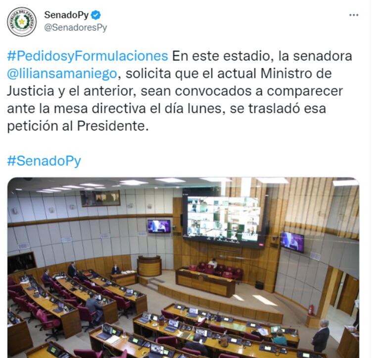 La publicación de la cuenta oficial del Senado en Twitter.
