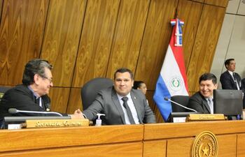 El titular de la comisión de Asuntos Constitucionales de la Cámara de Diputados, Derlis Maidana (ANR, cartista), (c).