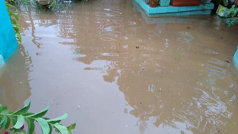 El patio de la familia Oviedo del barrio Caaguazu de la ciudad de Ñemby quedó cubierto de agua con la torrencial lluvia de hoy miércoles.