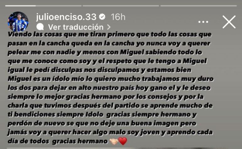 El posteo de disculpas de Julio Enciso por el percance con Miguel Almirón en el Newcastle-Brighton.