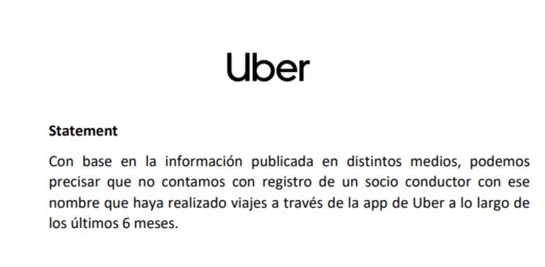 Aclaración de la Plataforma Uber sobre conductor que transportó a sospechosos del crimen del mecánico.