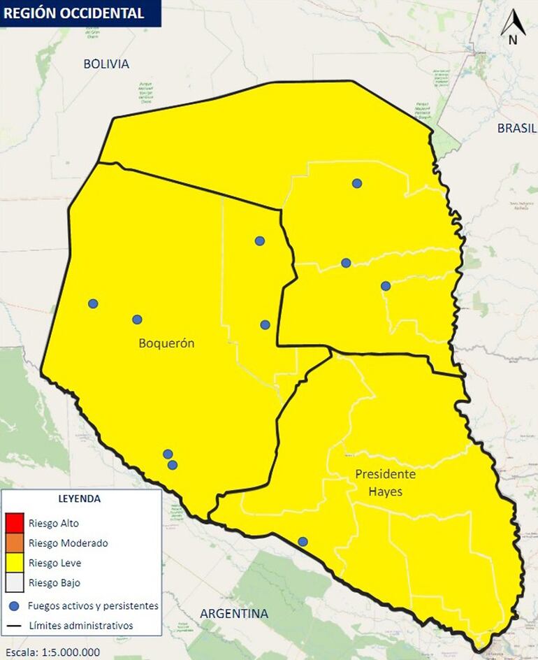 Según el monitoreo de incendios forestales del Infona, Paraguay está en franja amarilla o riesgo leve, sin embargo, el viernes se registraron 150 focos de calor en el Chaco.