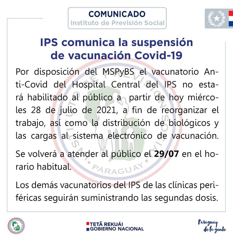 IPS Central suspende vacunación.