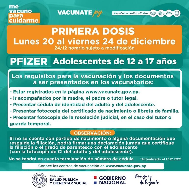 Requisitos y documentaciones para aplicar primera dosis a adolescentes entre 12 y 17 años.