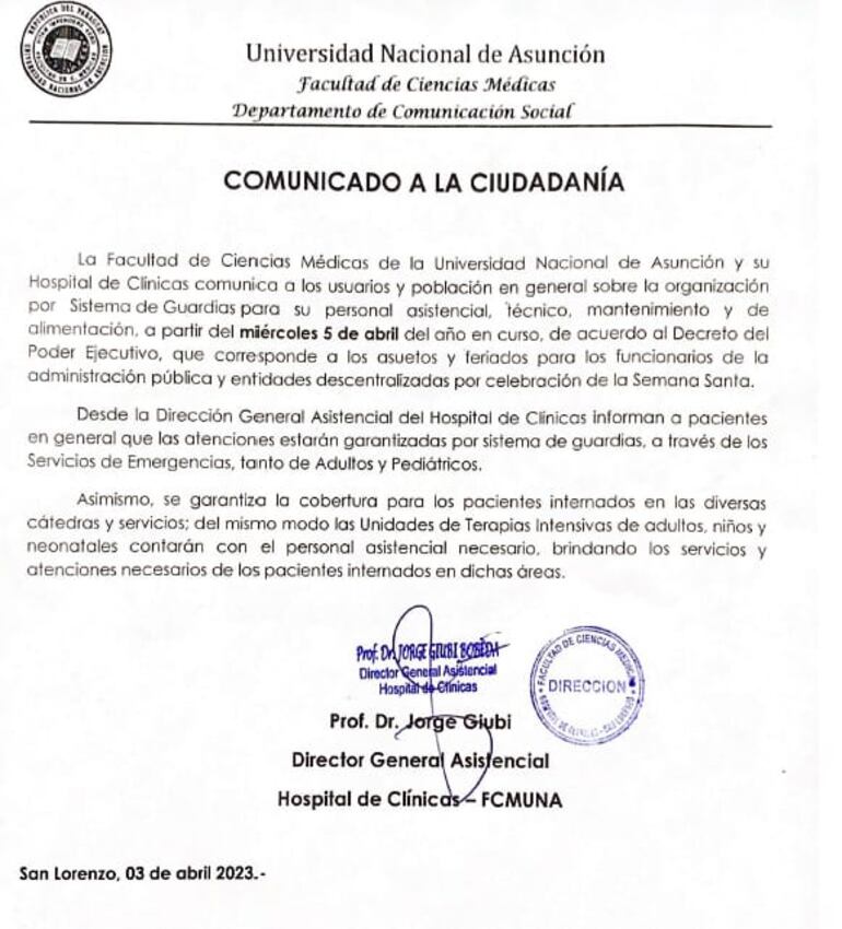 Comunicado emitido por el Hospital de Clínicas en relación a atención durante Semana Santa.