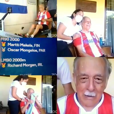 Con lágrimas en los ojos tras el gran resultado y acompañado por sus familiares, Óscar Mongelós celebró la gran actuación en el Mundial de Remo Indoor, que se realizó de manera virtual y en el que nuestro compatriota fue subcampeón mundial en la categoría más de 90 años.