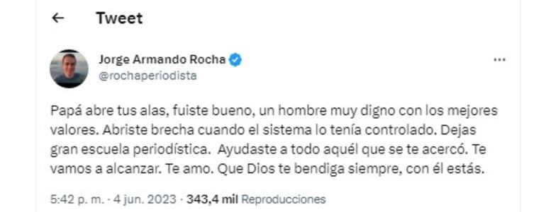 Mensaje de Jorge Armando Rocha sobre la muerta de su padre, el periodista Ricardo Rocha.