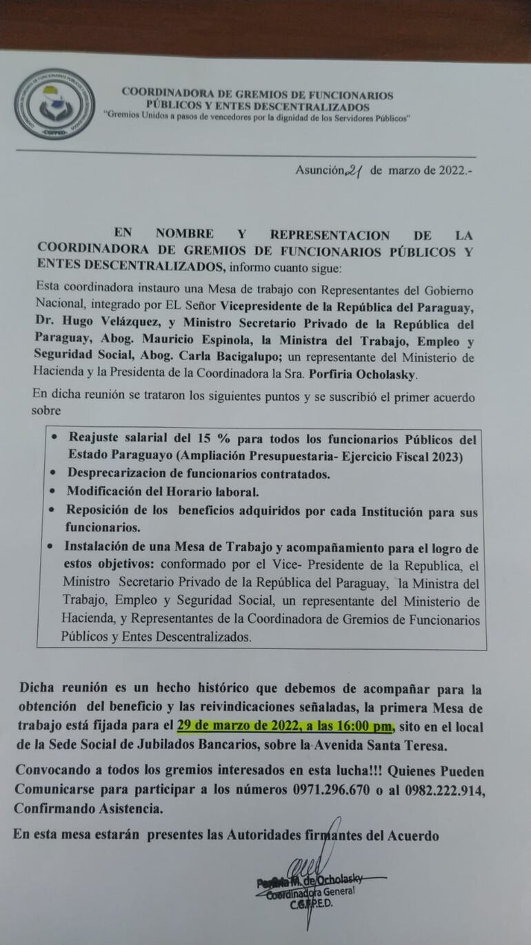 Nota de la Coordinadora de Gremios de Funcionarios Públicos informando sobre el preacuerdo con autoridades del Gobierno