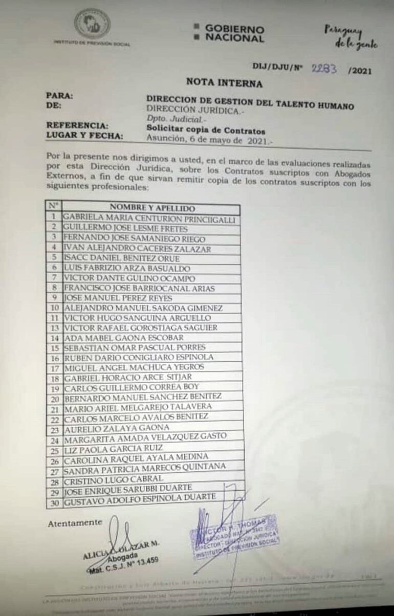 De acuerdo a este pedido de informe dirigido a la Dirección de Talento Humano del IPS, la institución  contrató un total de 30 abogados.