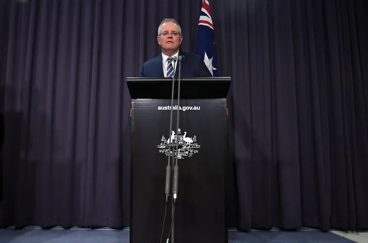 Scott Morrison, primer ministro australiano habla durante una conferencia de prensa en Canberra.