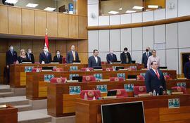 Sesión del Senado durante la entonación del Himno Nacional. (Foto Prensa Senado).