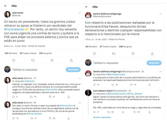 Twits de la directora de comunicaciones de la Fiscalía General del Estado, Sandra Quiñónez.