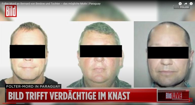 Los tres alemanes encarcelados en Paraguay por el terrible doble homicidio ocurrido en Areguá. La imagen corresponde al canal Bild Live de Alemania, que envió un periodista a nuestro país a cubrir la historia.