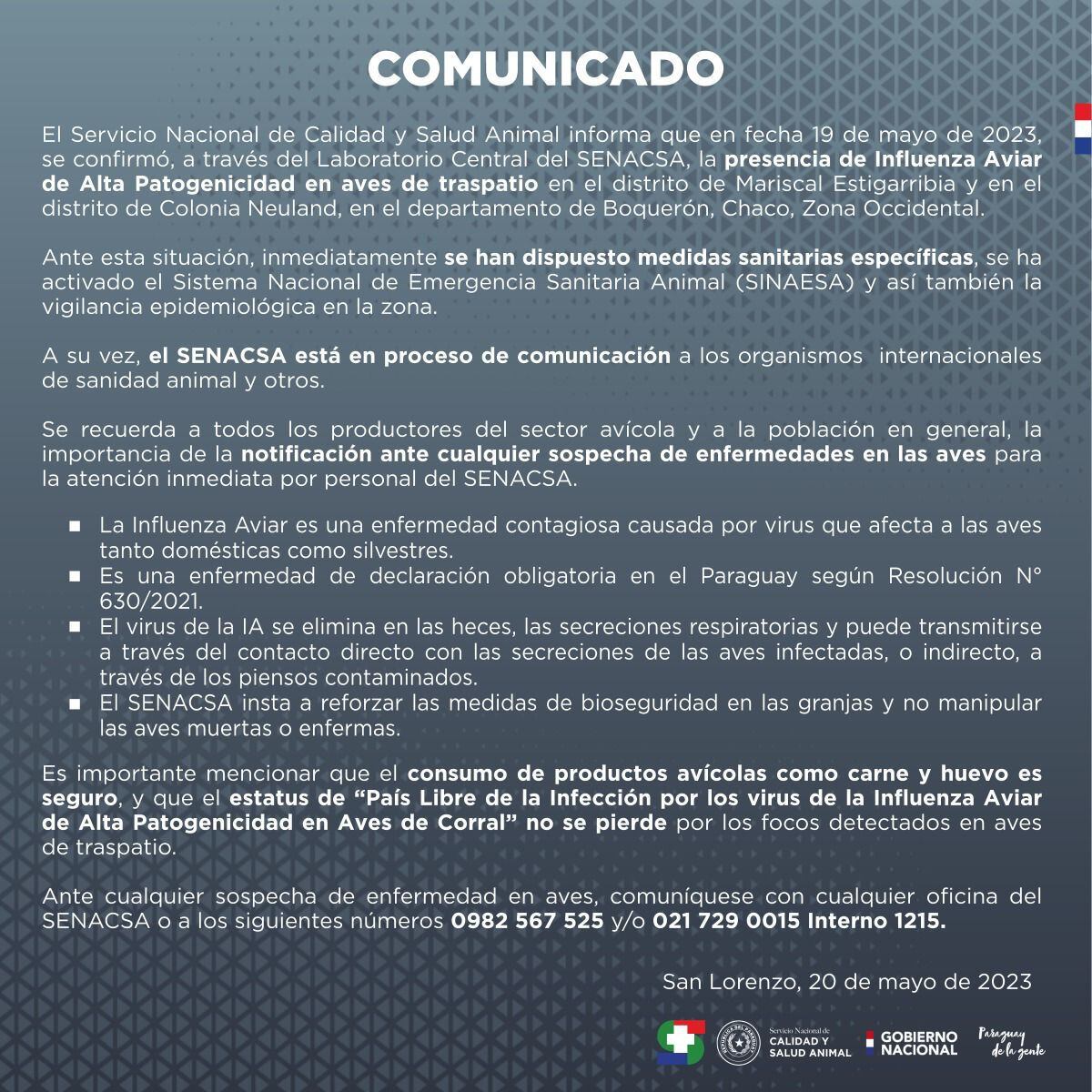 Comunicado de Senacsa informando de los dos primeros casos confirmados de gripe aviar en Paraguay.