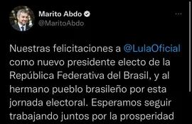 Tweet de Mario Abdo Benítez presidente de la República felicitando por su victoria a Luiz Ignacio Lula Da Silva