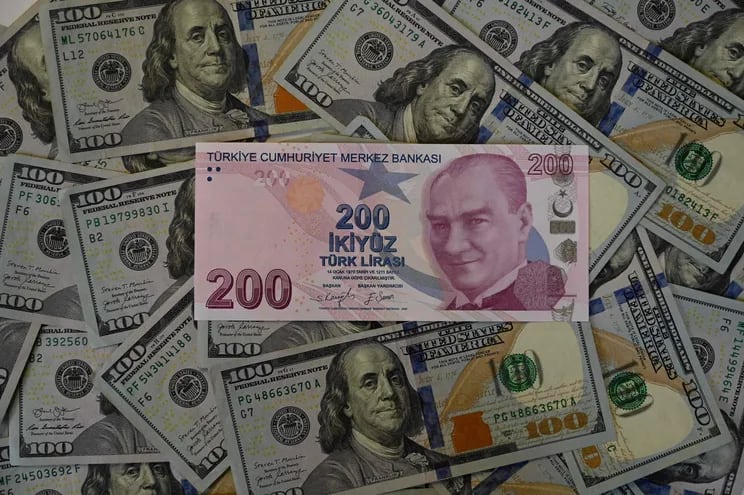 Un billete de la lira, moneda turca, junto a dólares estadounidenses.  El presidente Recep Tayyip Erdogan nombró a una experimentada mujer al frente del Banco Central de Turquía, (AFP)