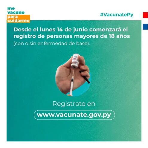 A partir de mañana, personas de 18 años en adelante podrán registrarse en vacunate.gov.py para acceder a la vacuna anti COVID-19 cuando llegue el momento. (Foto: MSPBS).